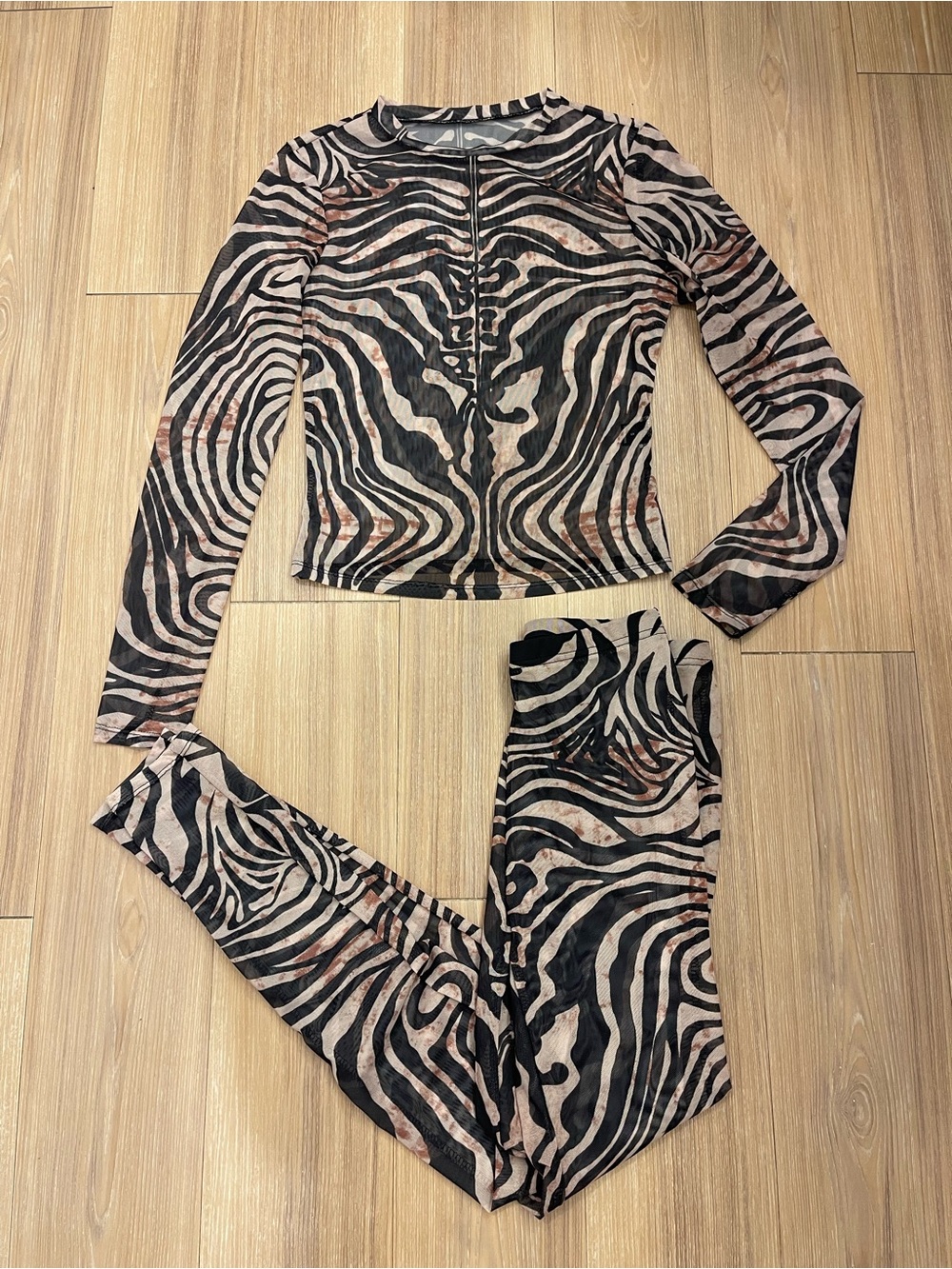 SHEIN Black and Cream Zebra Mesh Top & Leggings Set